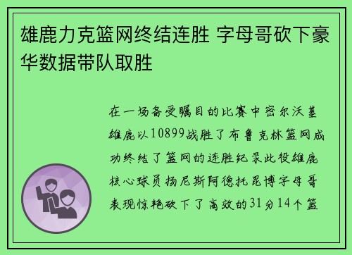 雄鹿力克篮网终结连胜 字母哥砍下豪华数据带队取胜