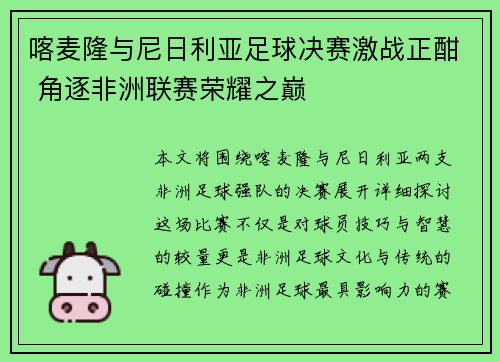 喀麦隆与尼日利亚足球决赛激战正酣 角逐非洲联赛荣耀之巅