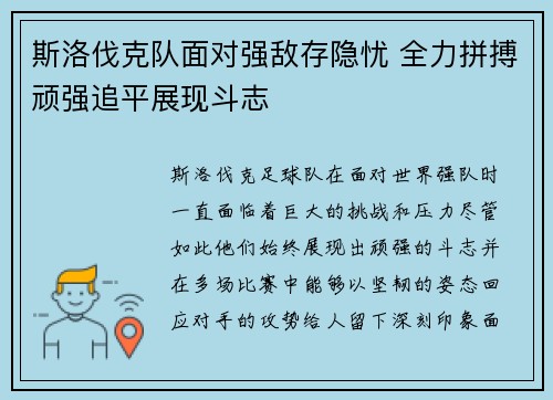斯洛伐克队面对强敌存隐忧 全力拼搏顽强追平展现斗志