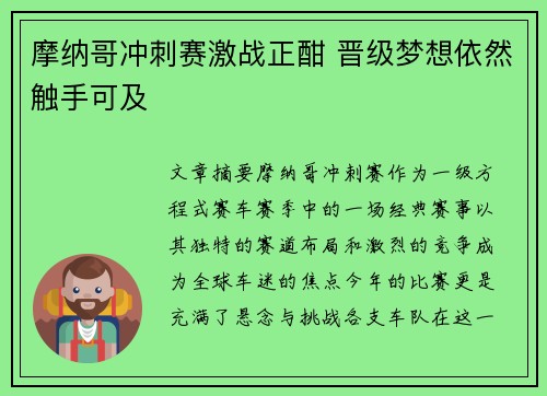 摩纳哥冲刺赛激战正酣 晋级梦想依然触手可及